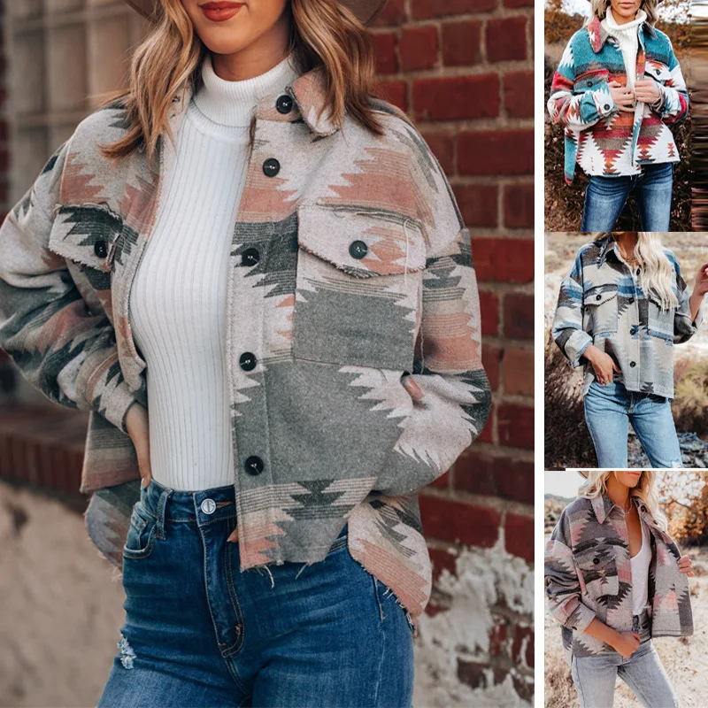Jacket Blends Women Print Wool Coat Outerwear Single Breasted Cardigan Jackets Turn Down Collar Long Sleeve Casual Spliced