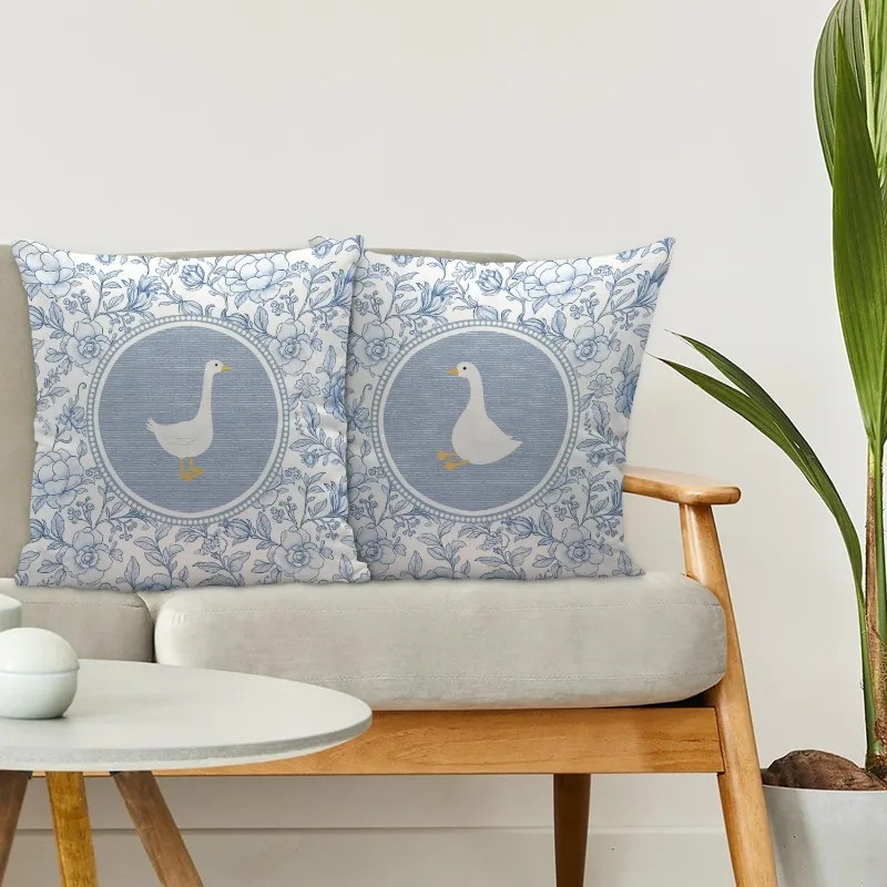 VIKAMA 2pcs Blue And White Garden Goose Hug Pillowcase Wear-Resistant Cloth Material Cure Department Living Room Sofa Pillowcase