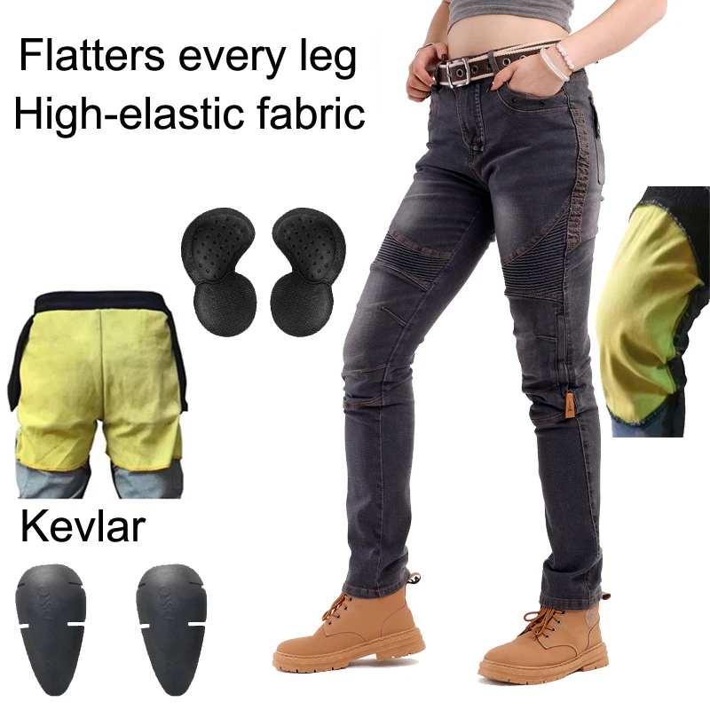 

Kevlar Motorcycle Jeans Women Aramid Reinforced Trousers Motocross Riding Safety Gear Pants Protective Clothing Female Bikers