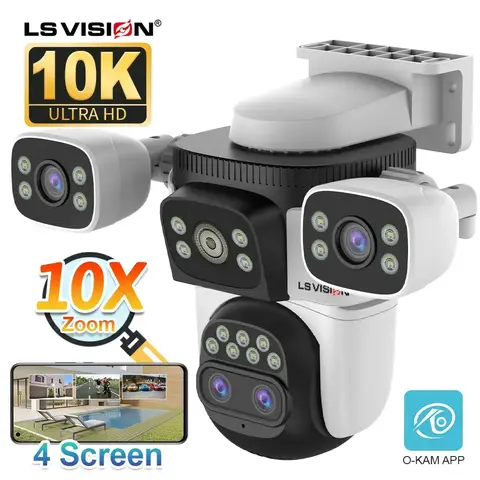LS VISION 20MP 10X 줌 4 스크린 WiFi IP 카메라 무선 야외 10K 4 렌즈 PTZ 인간 자동 추적 감시 카메라