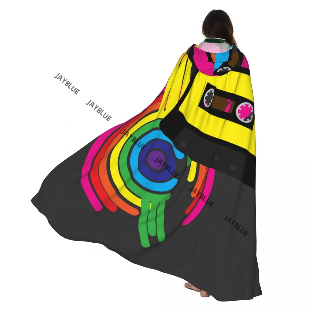 

Unisex Adult Retro Audio Cassette Tapes Rainbow Cloak with Hood Long Witch Costume Cosplay