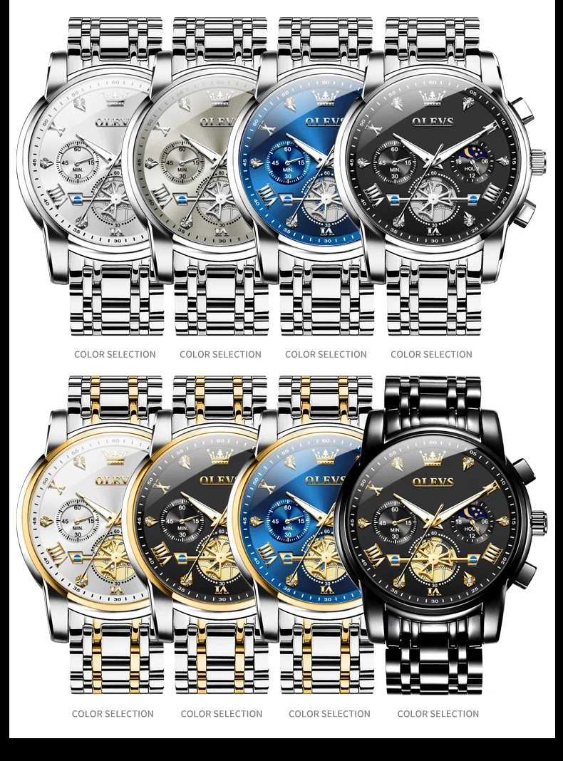 OLEVS 2856 Quartz Watch for Men Flywheel Skeleton Chronograph Moon Phase Multifunctional Stainless Steel Men's Wristwatches