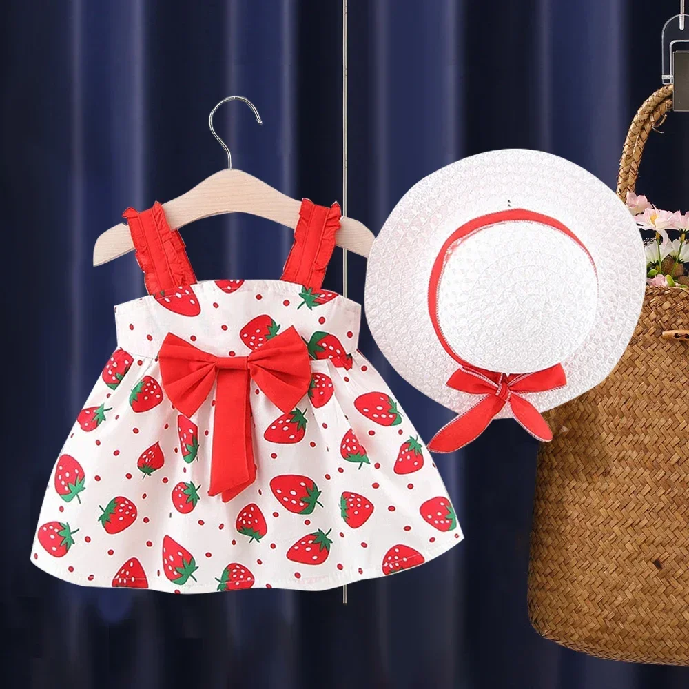 Summer New Girls Dress Halter Lace Pleated Strawberry Print Polka Dot + Hat Two-piece Set Birthday Party (0-3 Years Old Girls)