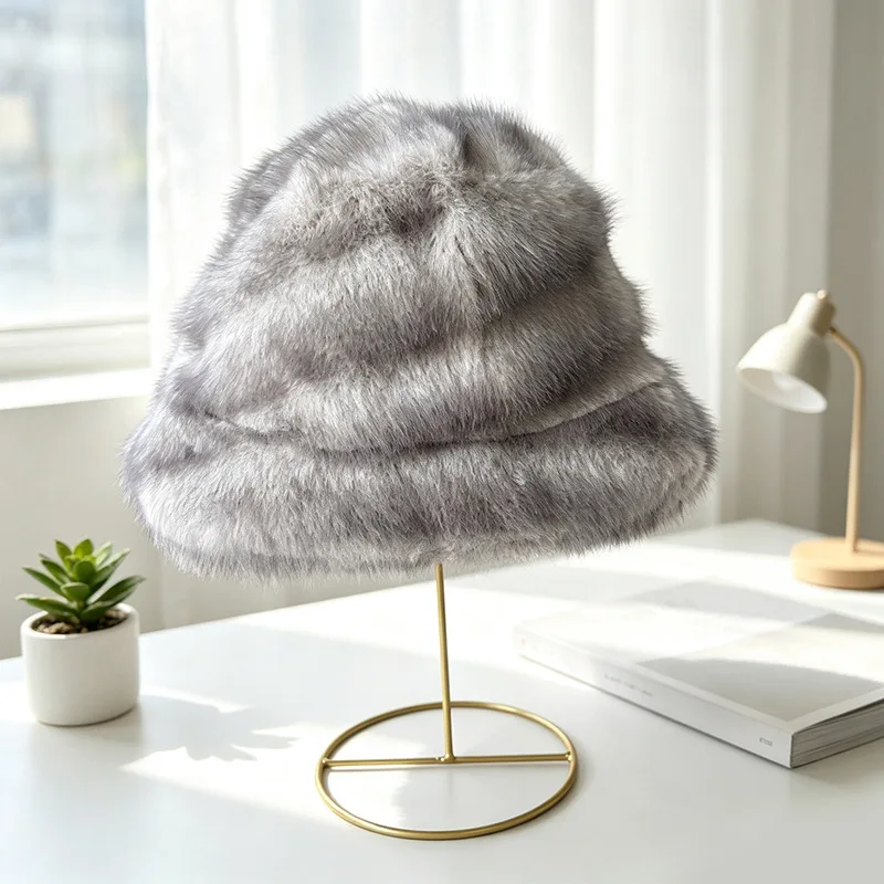 Korean-style Gradually Changing Tie-Dye Soft Bucket Hat - Winter Warmth Beanie for Leisure Travel Windproof Fur-like Fur Hat
