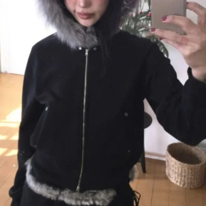 Short Fur Patchwork Hooded Sweatshirt with Women's Zipper Loose Top Jacket