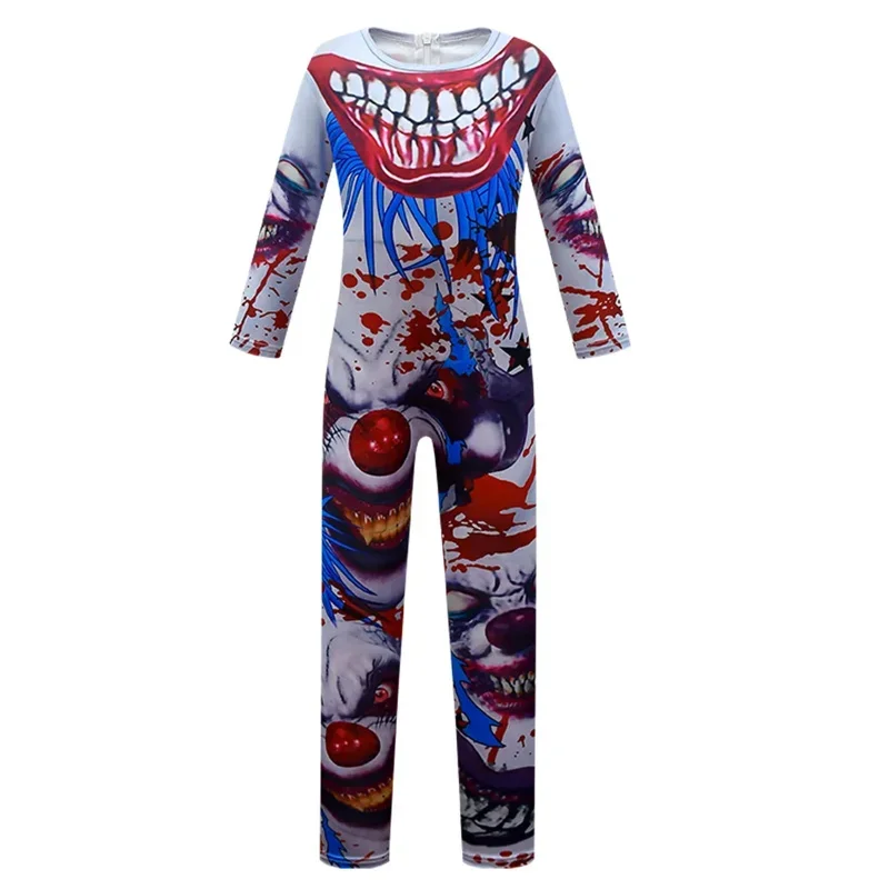 Kids Terrifying Clown Costume Horrorous Bloody Mouth Printed Halloween Nightmare Cosplay Jumpsuit   Mask Scard Smiling Face