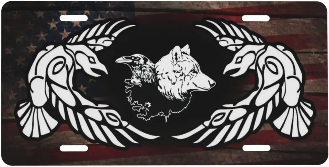 Norse Wolf Raven Protection American License Plate 6 X 12 Inch Thicken Aluminum Metal License Plate Personalized Car Tag for US