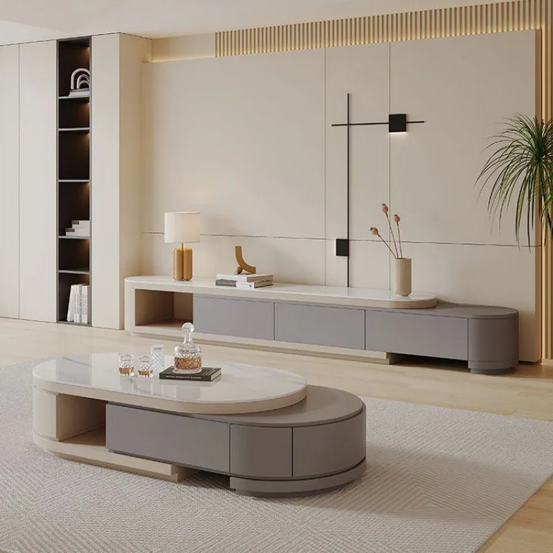Telescopic Rock Slab Coffee TV Cabinet Integrated Modern Simple Living Room Household Size Apartment Coffee Table
