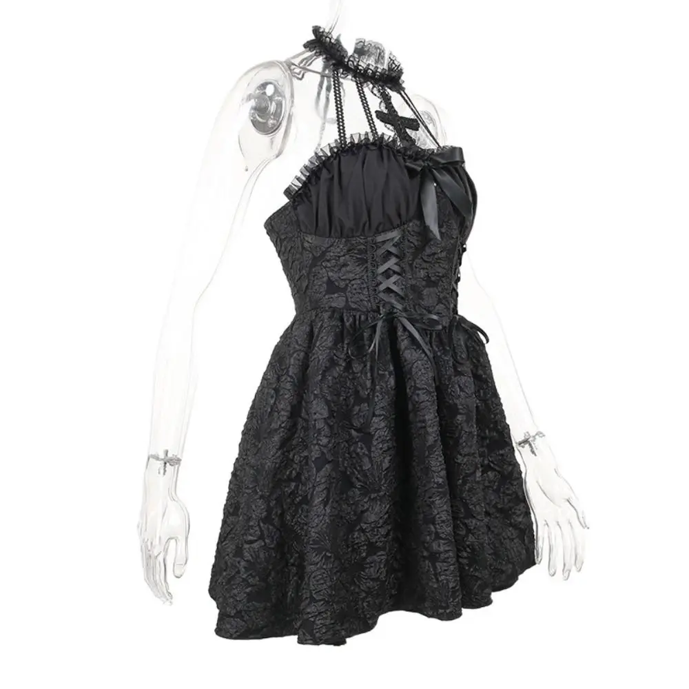 Spicy Girl Style Gothic Style Halloween Club Dress Punk Cross Chest Wrap Mini Dress A-line Sleeveless Hanging Neck Skirt Lolita