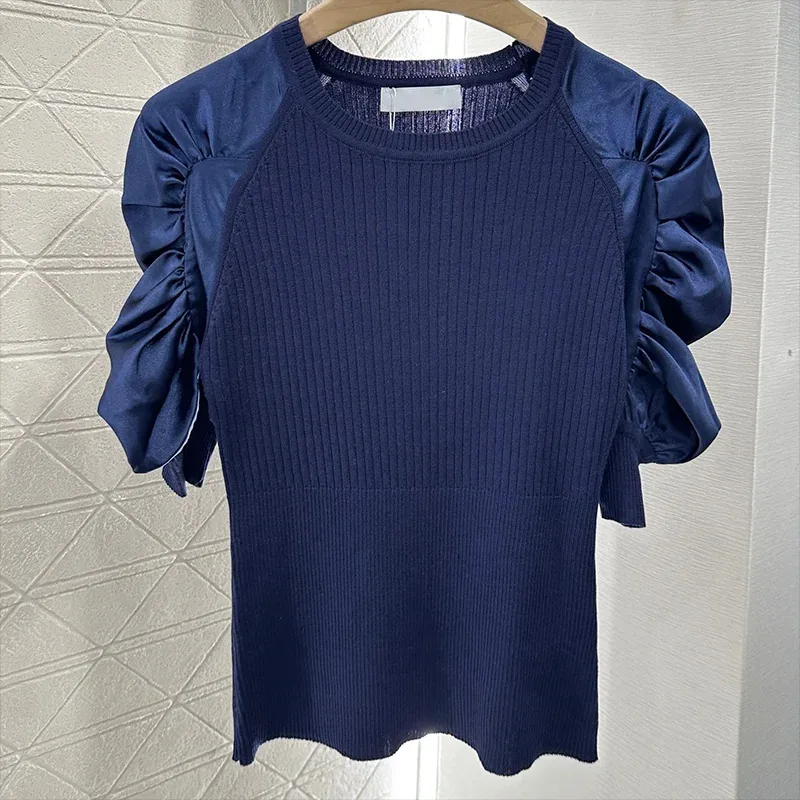 

Women's top quality Solid Colors knitted Spliced T-shirt Summer Short Puff Sleeve O-Neck Casual Lady Slim Knitwear Tee 2562080