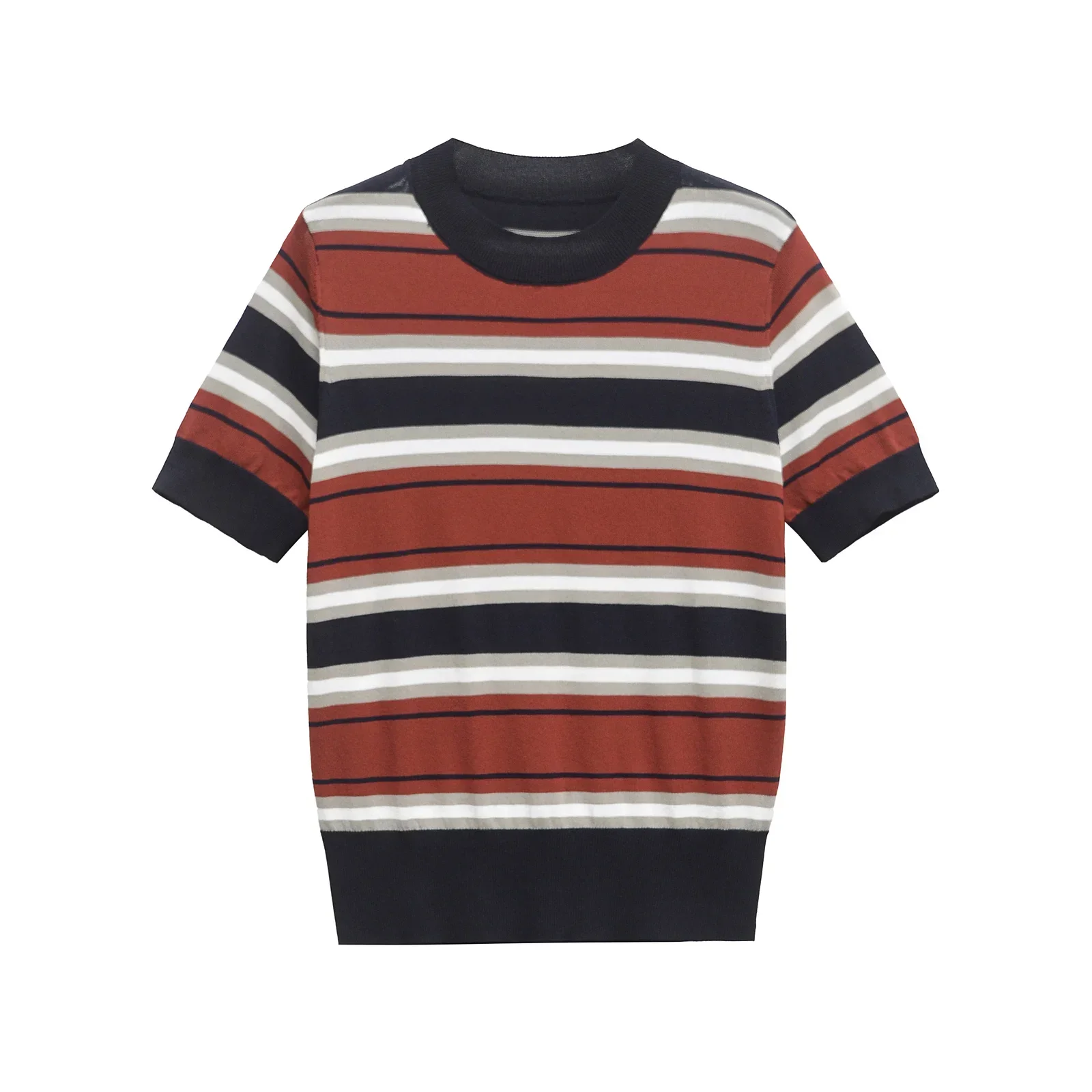 Frauen Gestrickte T-shirt Gestreiften Grundlegende Kurzarm Frau Elegante Y2k Tops Strickwaren Weibliche Kleidung 0014006