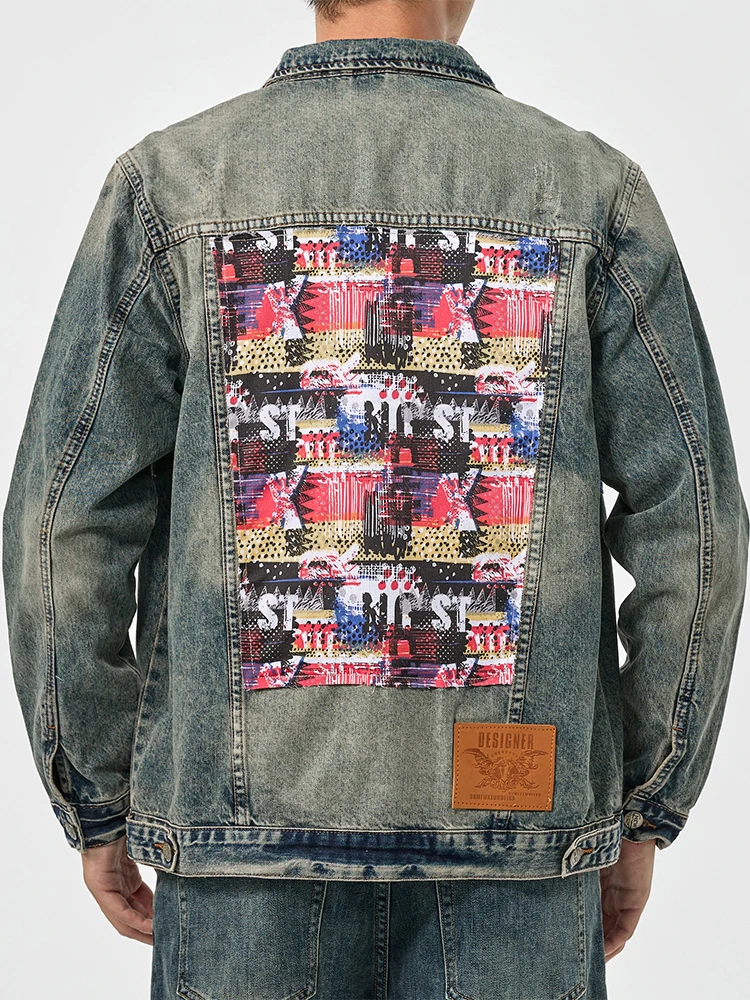 

Korean version of the casual denim jacket men's personalized patchwork splicing high street tide retro loose jacket top 7XL