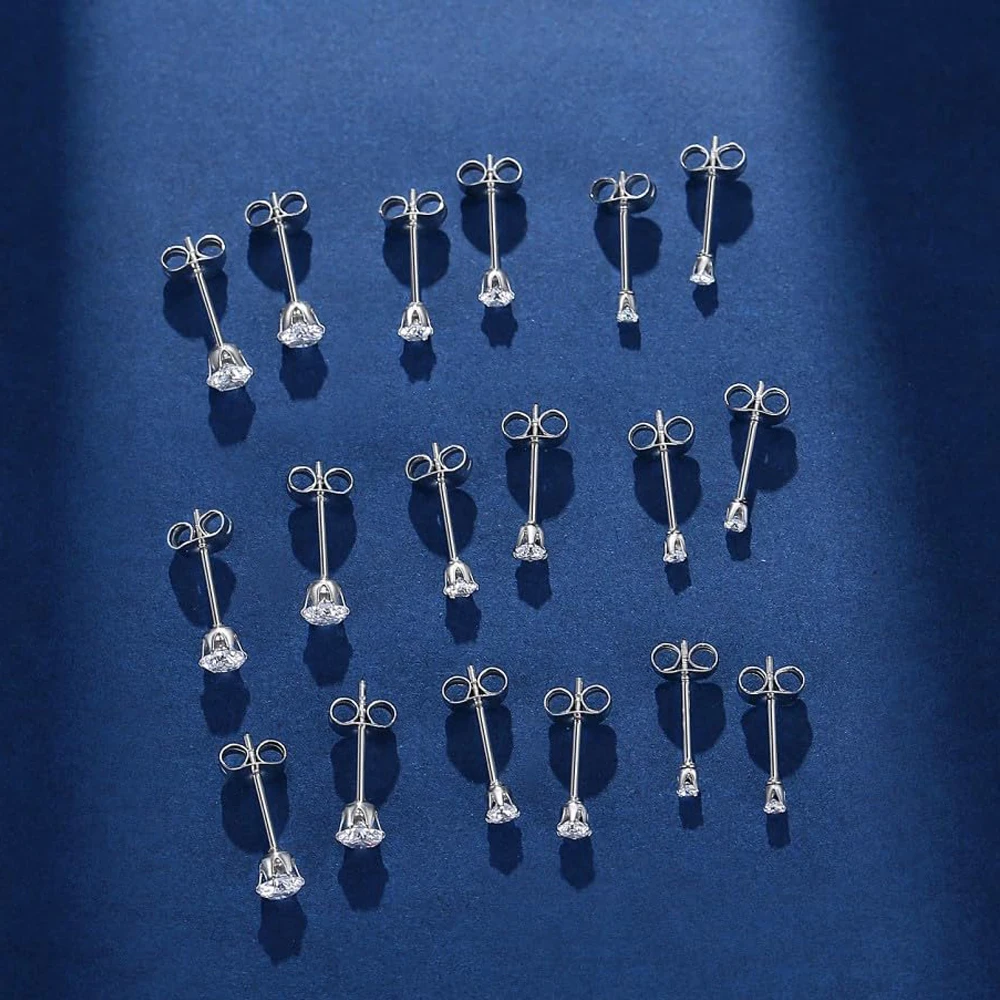 6-10 Pairs Surgical Stainless Steel Tiny Round Clear Cubic Zirconia Stud Earrings Set 2mm 3mm 4mm for Women Men