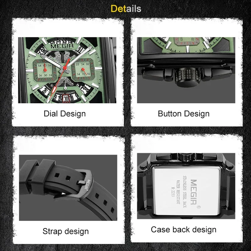 MEGIR 2233 Fashion Silicone Strap Luxury Square Watch Men's Watch Disc Quartz Chronograph Calendar Waterproof Watches for Men
