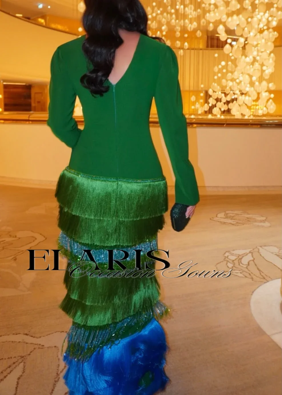 Elaris Customized Sheath Evening Maxi Gown Long Sleeve Gradient Layered Tassel Fringe Formal  Occasion Prom Wedding Guest Dress