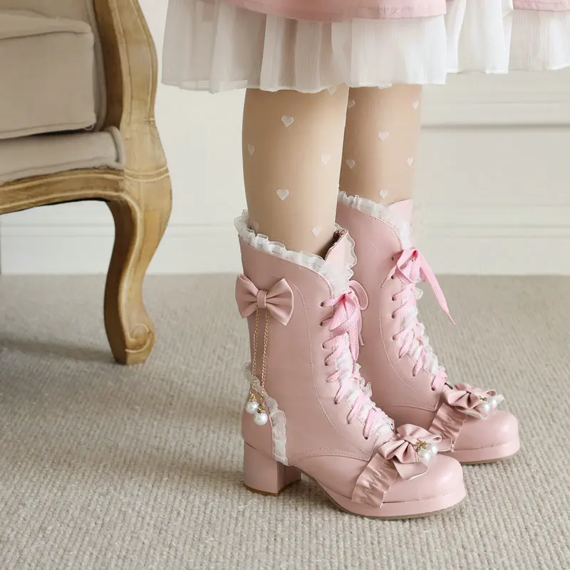 Herbst Winter Frauen Stiefel süße Schleife Frauen Mid-Calf Stiefel High Heel Party Schuhe Mädchen Prinzessin Cosplay rosa Lolita Schuhe 30-43