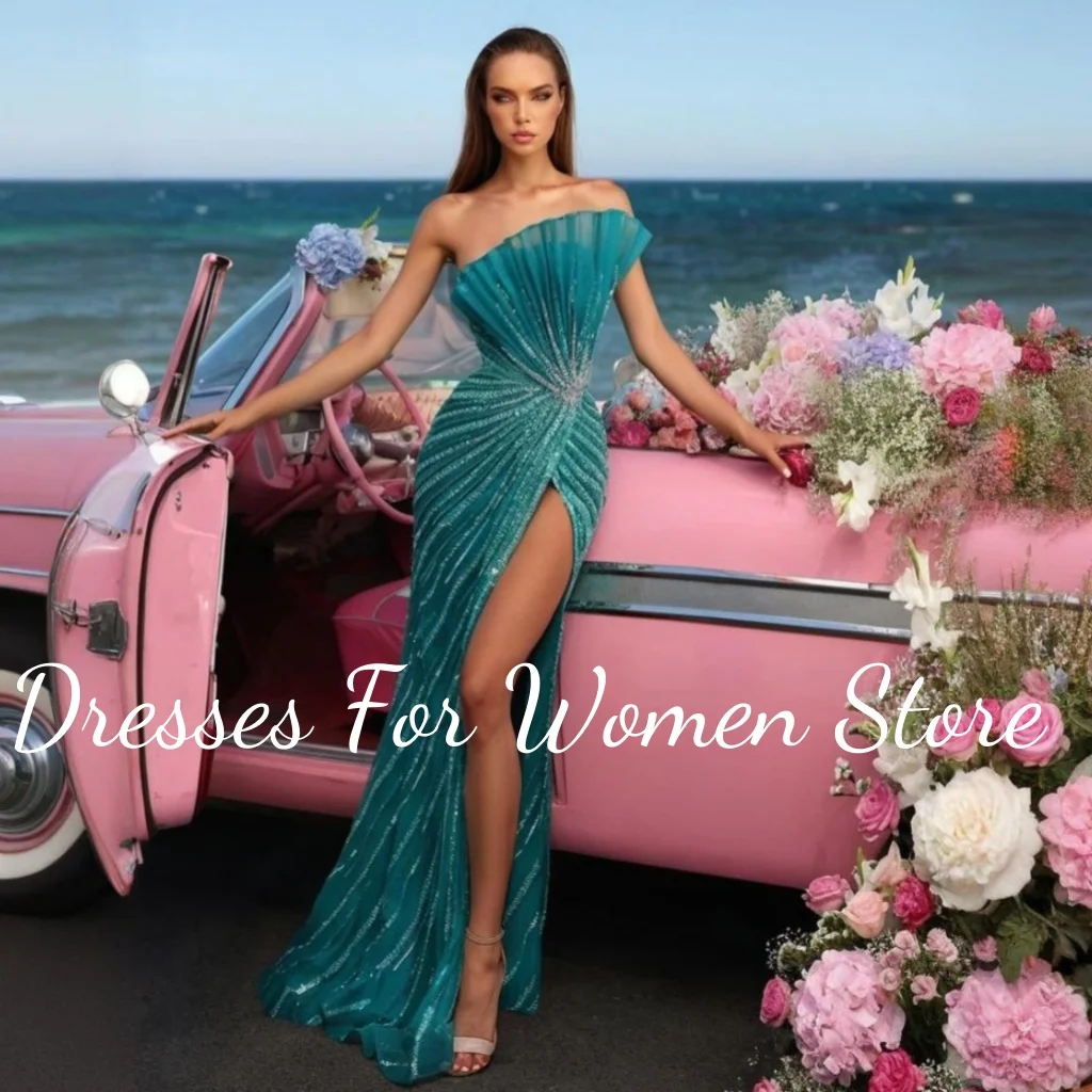 

Элегантные зеленые вечерние платья русалки в Дубае с высоким разрезом, шикарные рюши, женские длинные платья для выпускного вечера с блестками и блестками по индивидуальному заказу 2025