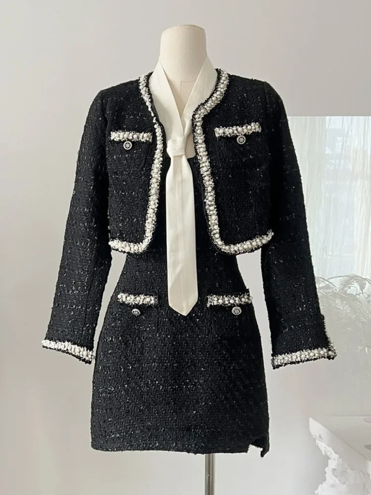 Women Short Jacket Coat + Dress Sets Y2K Streetwear 2 Piece Suit High Quality French Luxury Small Fragrance Tweed Two Piece Set