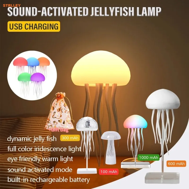 Bionic Jellyfish Night Light,USB Rechargeable with Voice Control,Dancing Tentacles,5 RGB Gradient,Floating Lamp,Bedroom Decor
