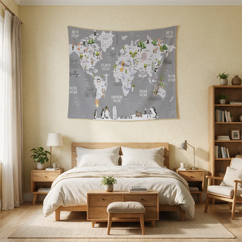 Large World Map Tapestry Wall Decor Nautical Ocean Geography Print for Living Room Bedroom Nursery