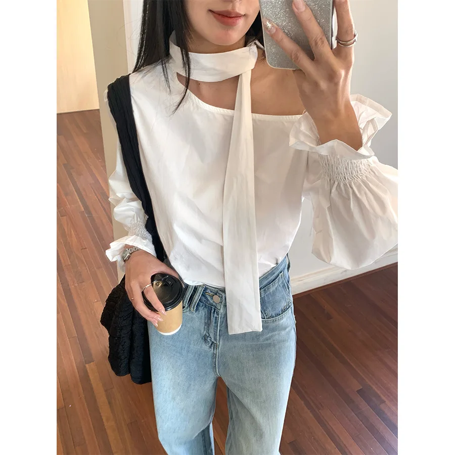 

Off-shoulder halter neck scarf collar sexy strap shirt for women 2025 spring halter neck sleeveless T-shirt