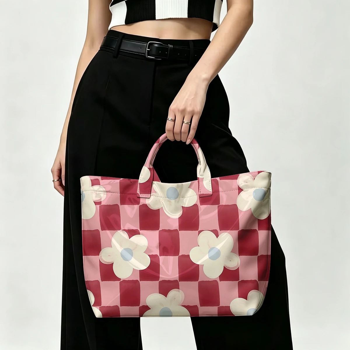 Pink checkered red flowers PVC Tote Bag Waterproof Transparent Jelly Bag Beach Bag Tote Pouch Bow Handbags Storage Bag