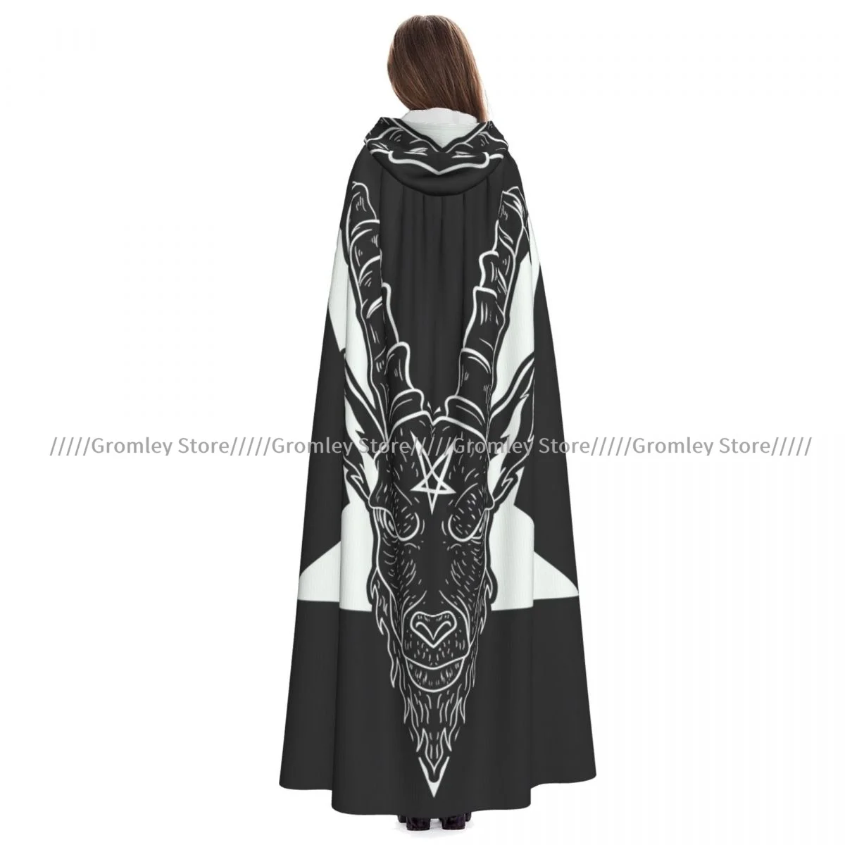 Medieval Halloween Cosplay Cloak Hooded Coat Baphomet Illustration Cape Coat Long Trench Costume Wizard Cloak