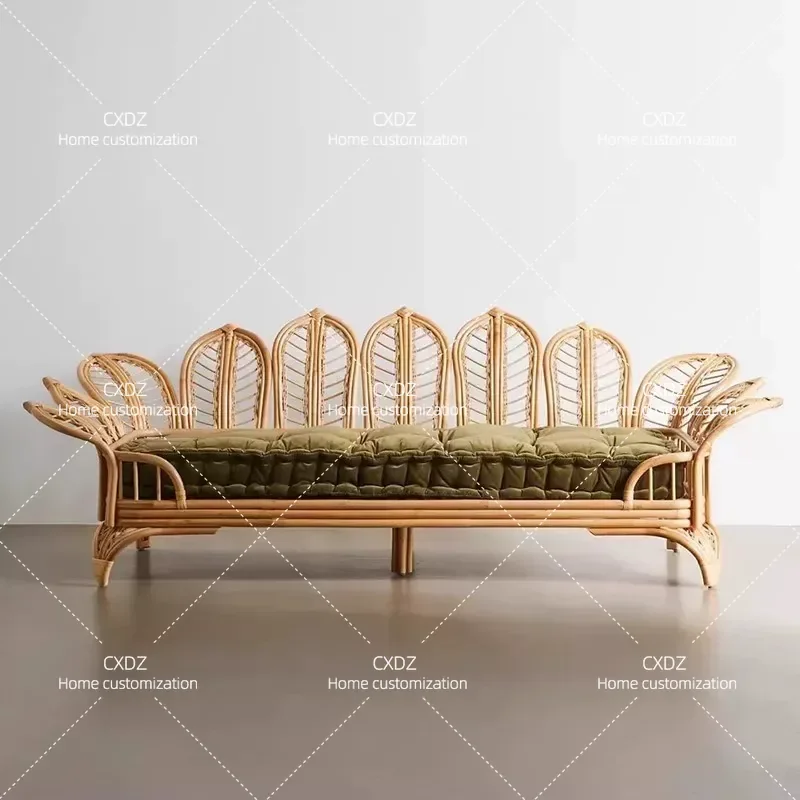 Natural Rattan Sofa 3 Seater Balcony Leisure Petal Chair Nordic Simple Style Full Rattan Couch for Bed and Breakfast Inn