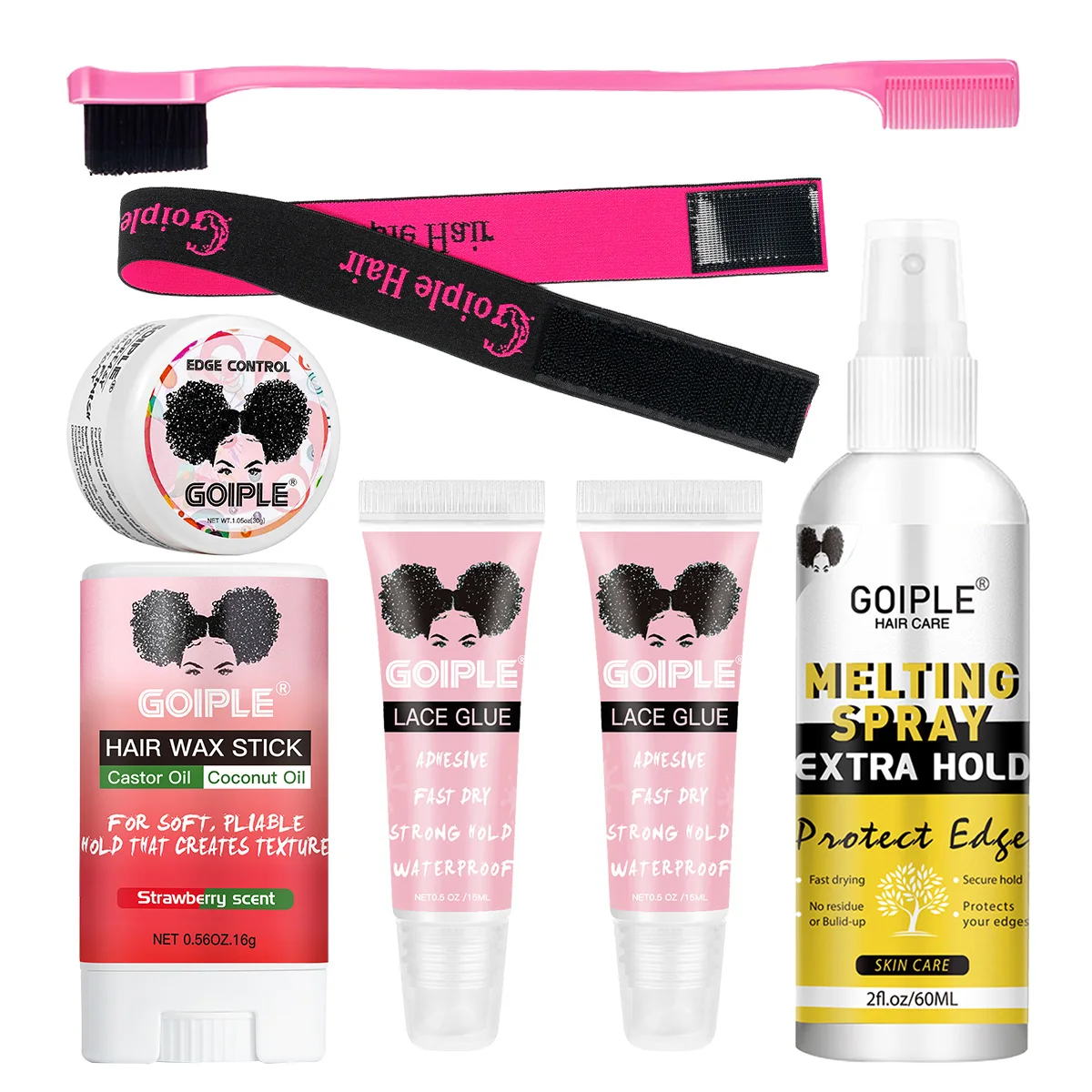 

GOIPLE 16g Strawberry Scent Hair Slick Wax Stick 30g Edge Control Gel 15ml Wig Adhesive 60ml Invisible Melting Spray & Tools Set