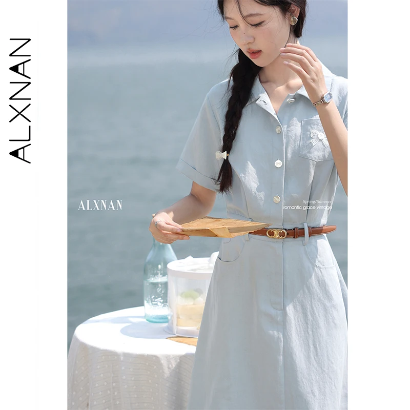 ALXNAN حجم كبير فستان أزرق طويل أنيق ليوسيل قميص فستان المرأة 2025 الدانتيل شال عطلة ملابس السيدات غير رسمية D10851