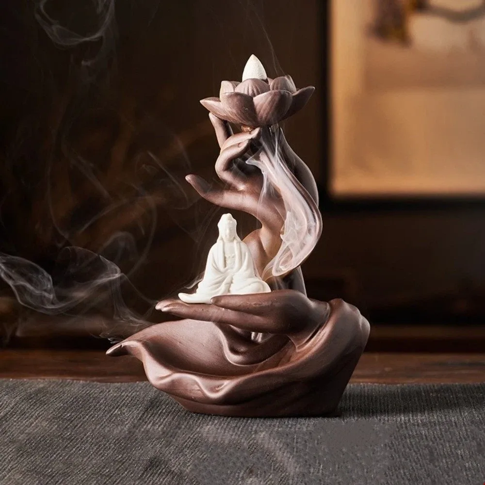 Ceramic Backflow Incense Burner Hand Shape Lotus Flower Incense Burner Fountain Ash Catcher Zen Reflux Incense Burn Tray Room
