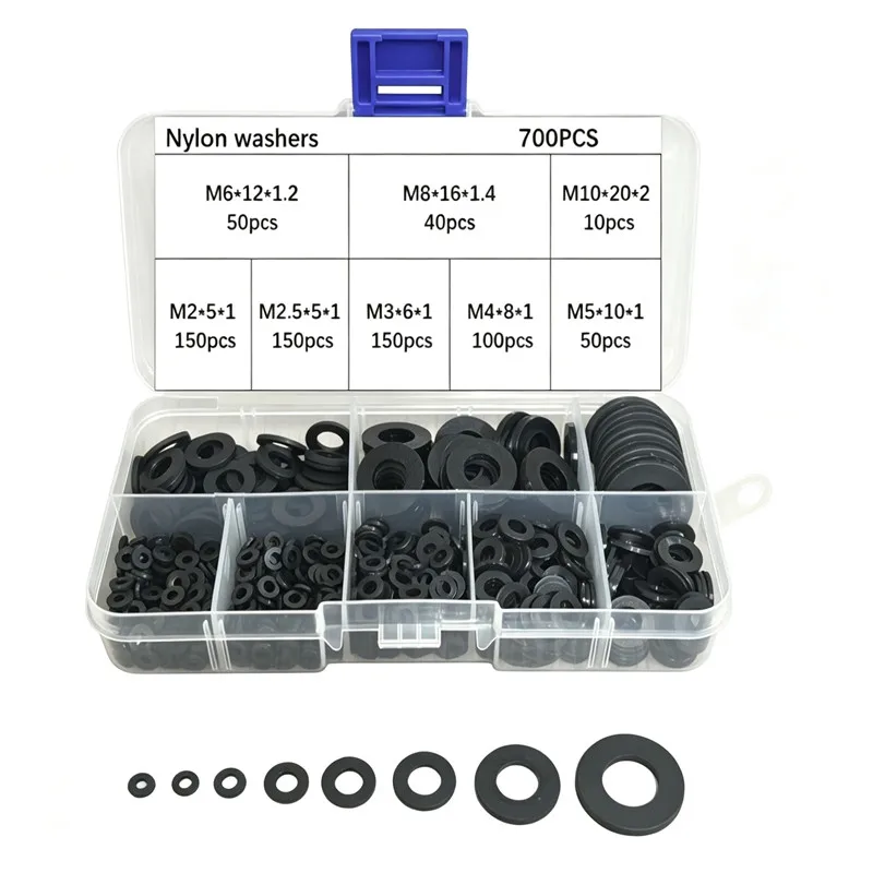 700pcs Nylon Washer Flat Assortment Kit Set 8-size Safety Plates M2 M2.5 M3 M4 M5 M6 M8 M10 Nylon Sealing Washers for Household