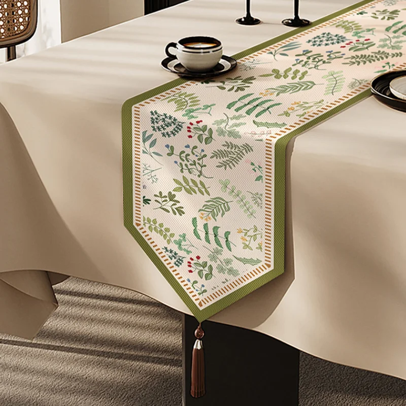 Faux Cotton and Linen Triangle Table Runner Rural Printed Long Tablecloth with Tassels Soft Party Banquet Table Mat for Dining