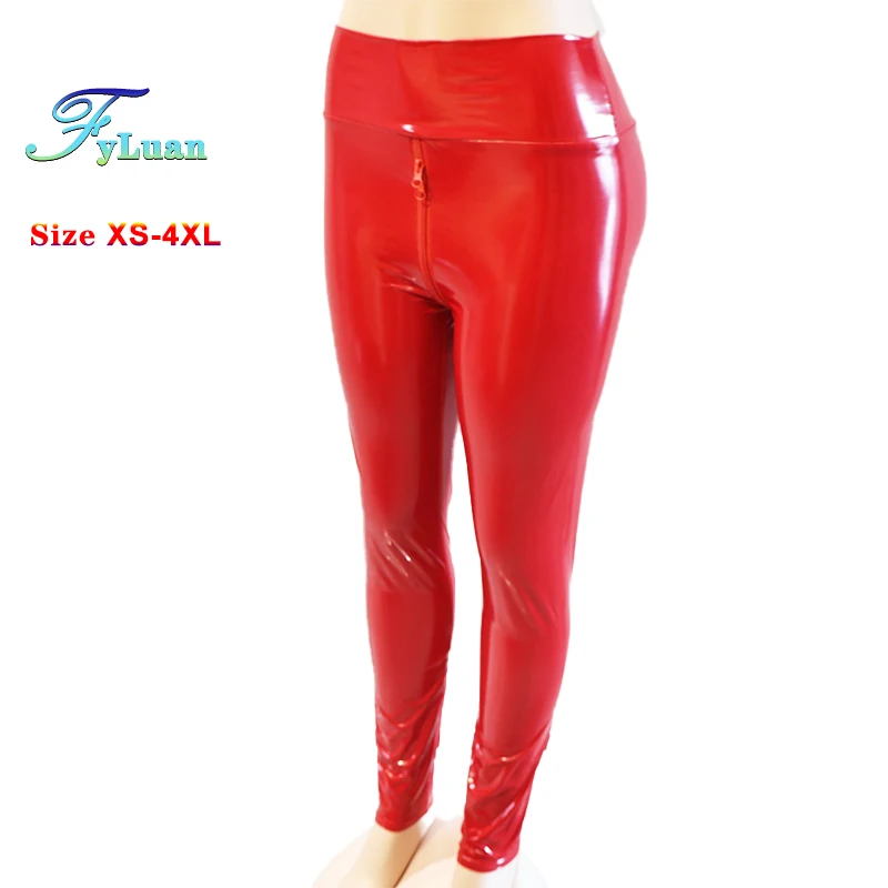 Sexy High Waist Pants New Women's Red Leather Leggings Double Zipper Open Crotch Pants Exotic  Nightclub Ankle-Length Trousers