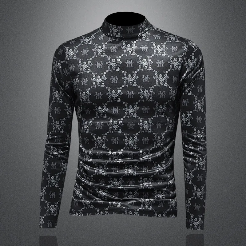 

Men's Long Sve T-irt Double-Faced Fce Base irt f-High Collar Printed Embroidery Cotton Polyester Blend Autumn Wi...