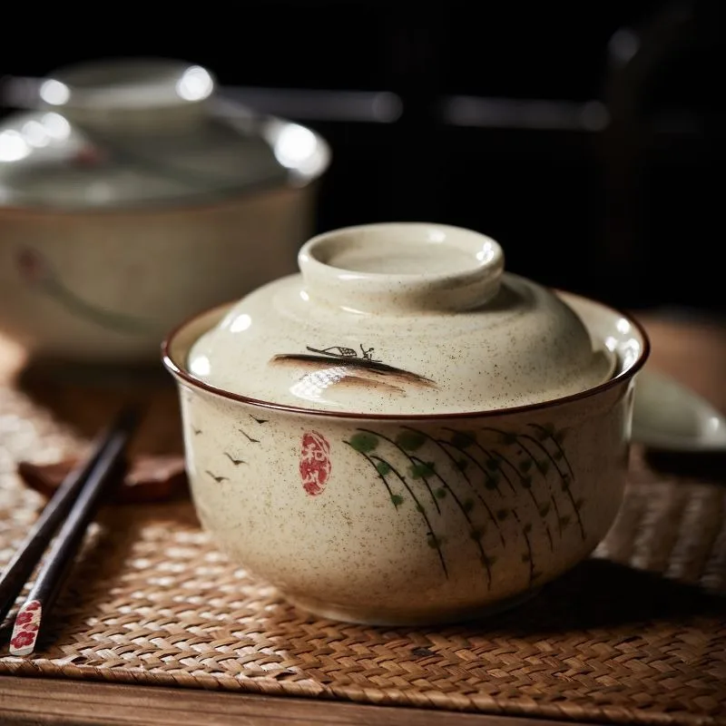 Japanese retro hand-painted ceramic soup bowl with cover large capacity Lamian Noodles bowl household kitchen tableware