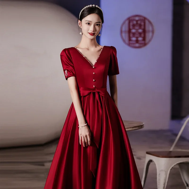 

Yourqipao Летнее платье для тостов Невеста Красное атласное праздничное элегантное среднее помолвочное вечернее свадебное платье в китайском стиле для женщин