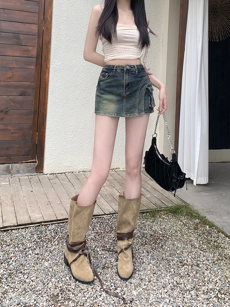 Jupe trapèze taille haute pour femmes, Denim Anti-lumière, pour les déplacements d'été, Version coréenne, bouton, fermeture éclair, conception orth S...