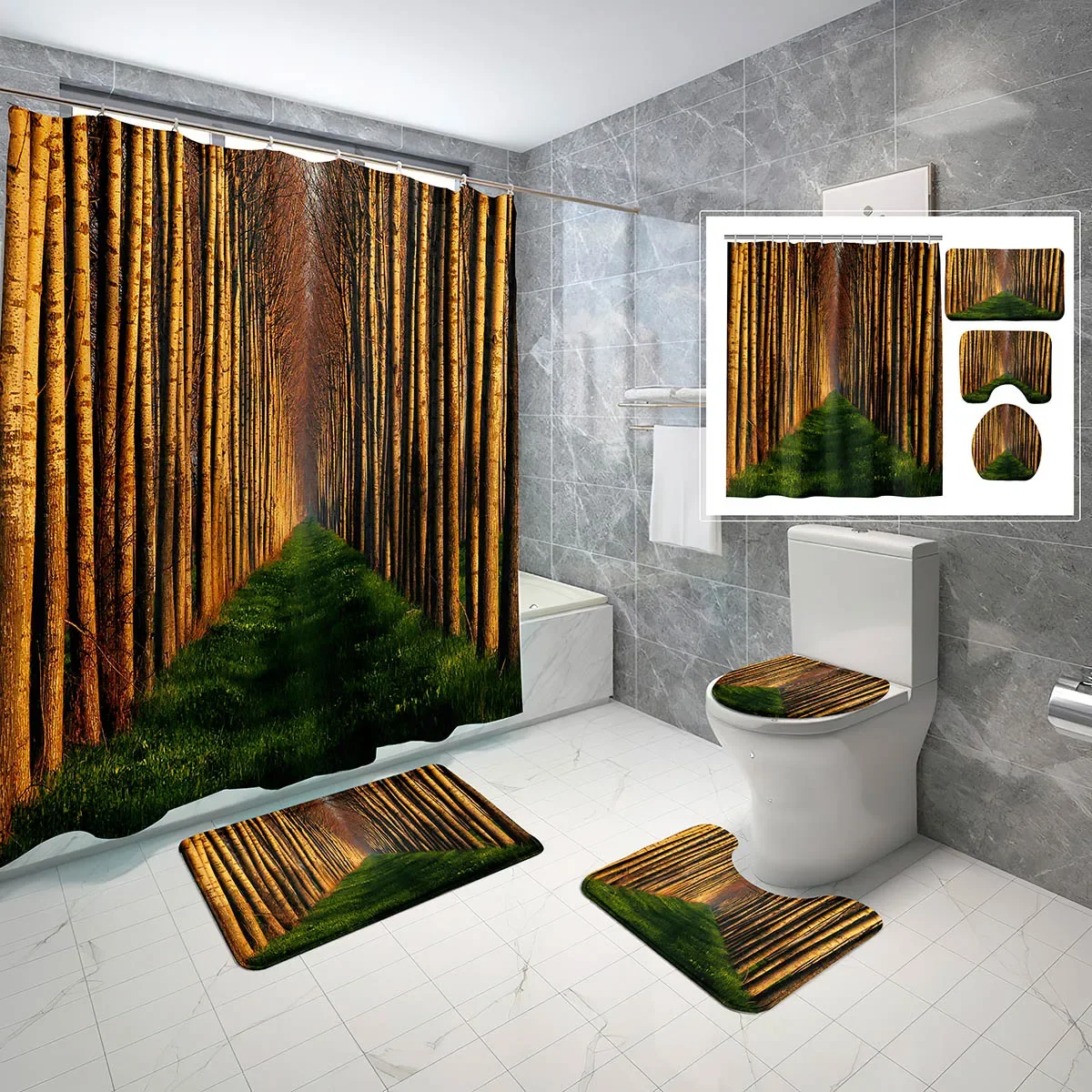 4 PCS/Set Forest Theme Shower Curtain Sets,Natural Alley Tree Waterproof Bathroom Curtain,Toilet Lid Cover,Non-slip Bath Rugs
