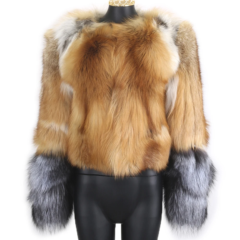 

Winter Women's Natural Silver Fox Fur Coat With Detachable Sleeves, Fashionable and Casual Short O-neck Fashion Female clothing