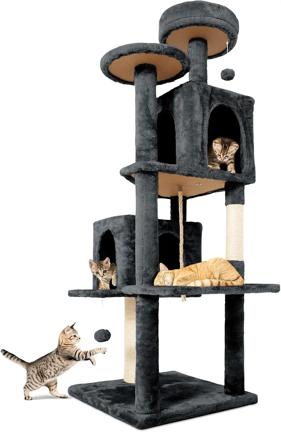 58.5inch Large Cat Tree Tower Condo for Indoor Cats, Soft Plush Multi-Level Climbing Tree Cat House with Cat Cave, Scratching Post, More Entrance/Exit, Sisal Rope, Deep Grey