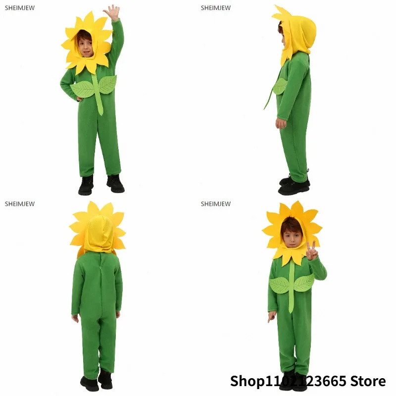 Cute Boys Sunflower Flower Role Playing Jumpsuit Girls Children Plant Party Show Halloween Costume Fancy Stage Plant Playing Set