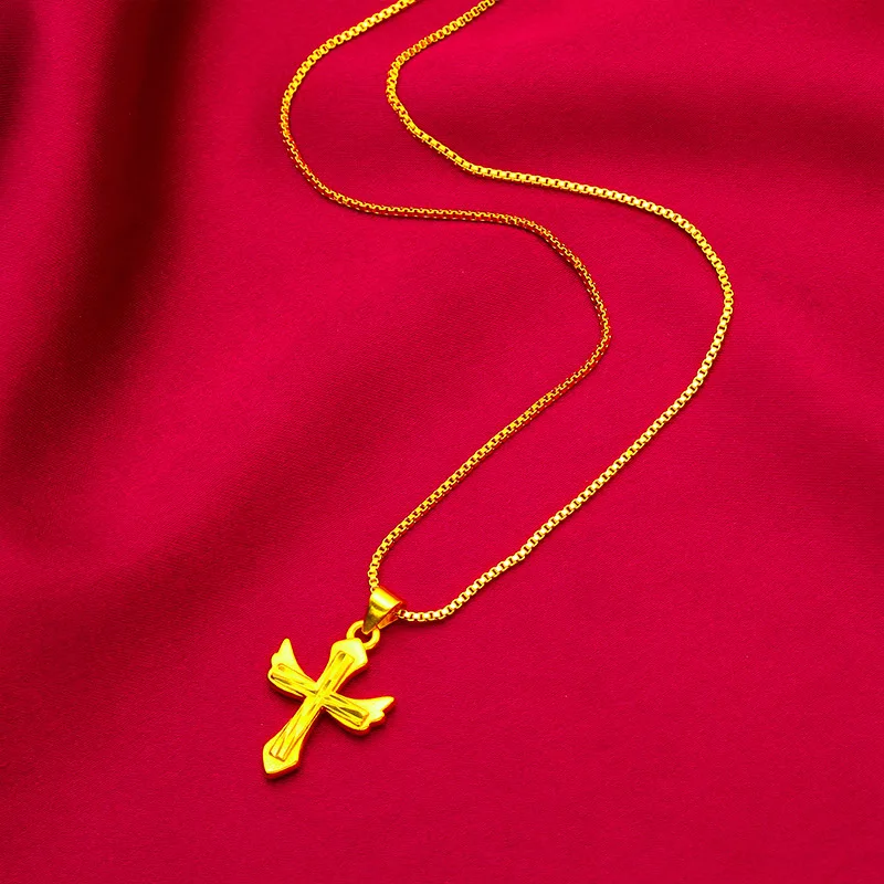 2026 Women's Fashion Cross Pendant Box Chain Necklace Vietnamese Sand Gold Jewelry For Daily Wear Party Dating Anniversary Gift
