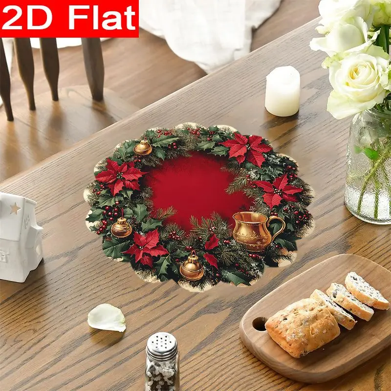 VIKAMA Burgundy Velvet Poinsettia Bell Wreath Placemat Crimson Backdrop Scalloped Edge Golden Holly Berry Festive Table Mat Soft