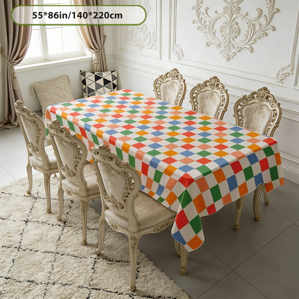 One rectangular vintage checkered, multi-color patchwork style tablecloth