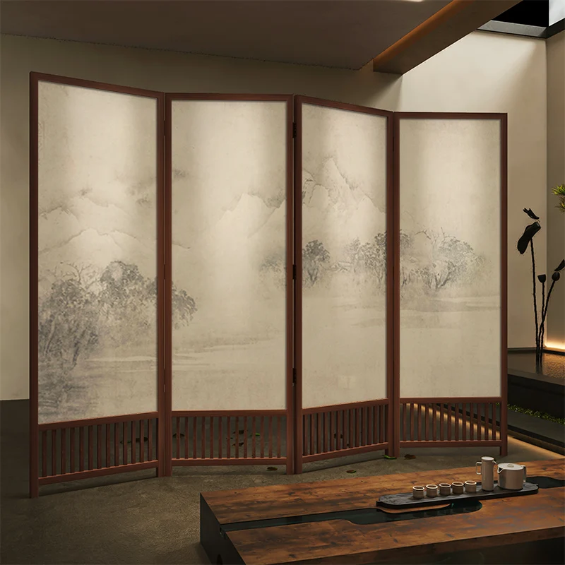 

Classical Chinese Zen landscape folding screen partition living room mobile blocking hotel homestay decoration solid wood foldin