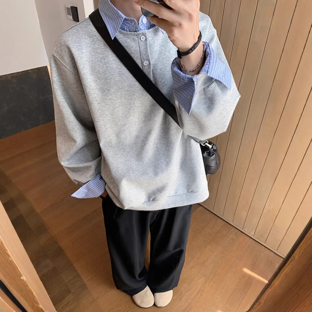 Male Simple Basic Daily Clothes Tops Autumn 2025 New Fashion Men's Spliced Casual Trendy Color-coded Loose Fake Two-piece Shirts