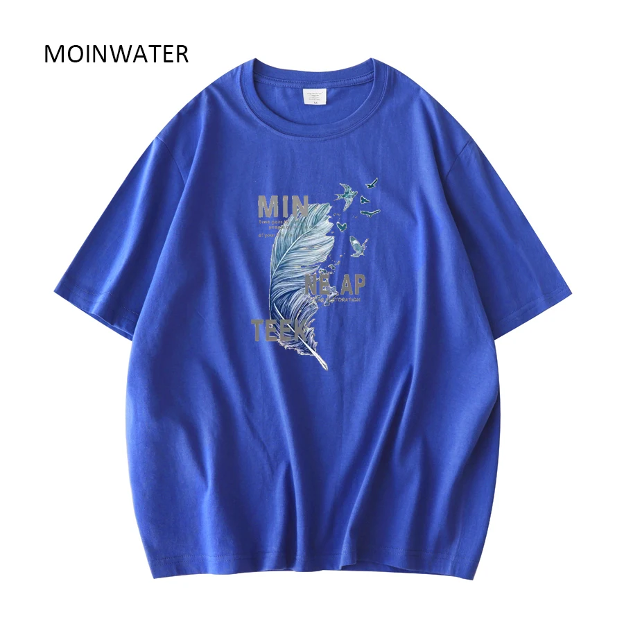 MOINWATER New Women Feather Printed T-shirts Female Purple Summer Short Sleeve Tees Lady Khaki Pure Cotton Cool Tops MT22033