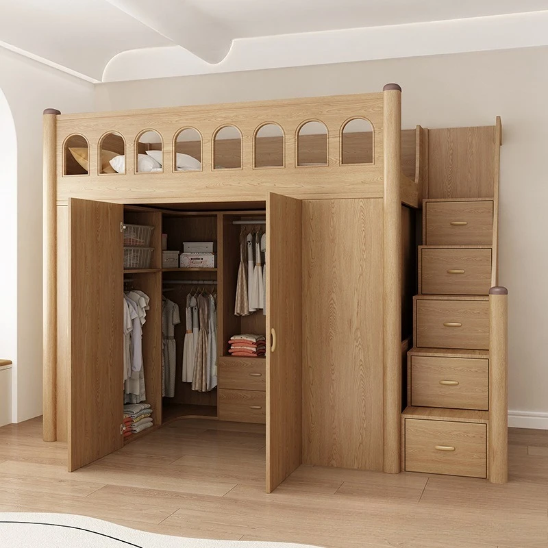 

Solid wood bed and lower cabinet Children's bed with wardrobe integrated high and low bed small apartment double-layer walk-in
