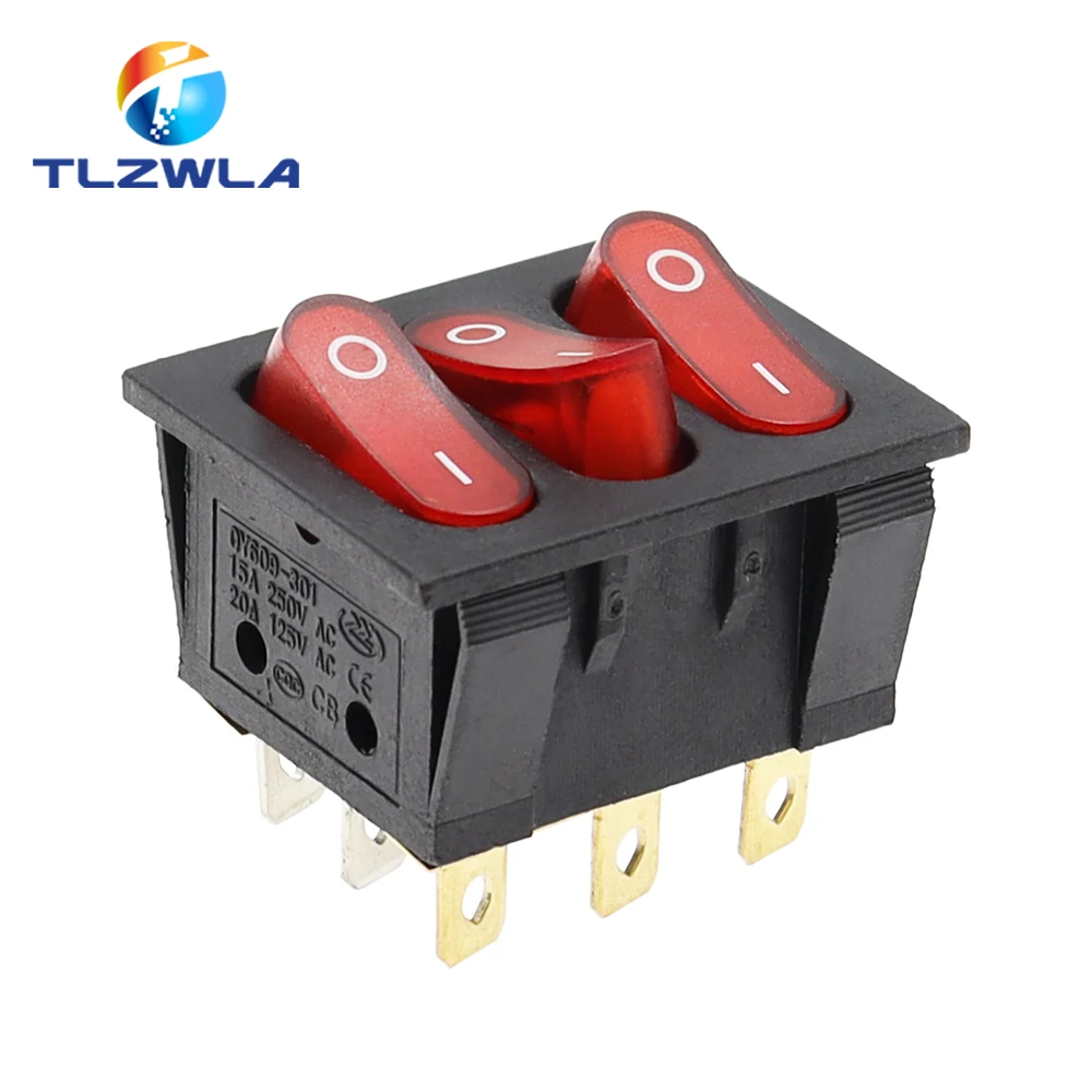1PCS On-Off KCD3 9Pin Red 15A 250V 20A 125V AC Light Boat Car Rocker Switch KCD3-303 KCD3 Triple Light Switch Button